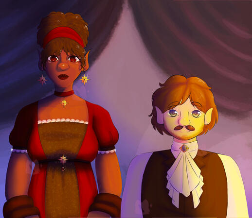 Kolsor's Parents Two humanoid people stand together facing the viewer. They are dressed in fancy garments and are standing in high contrast lighting.
