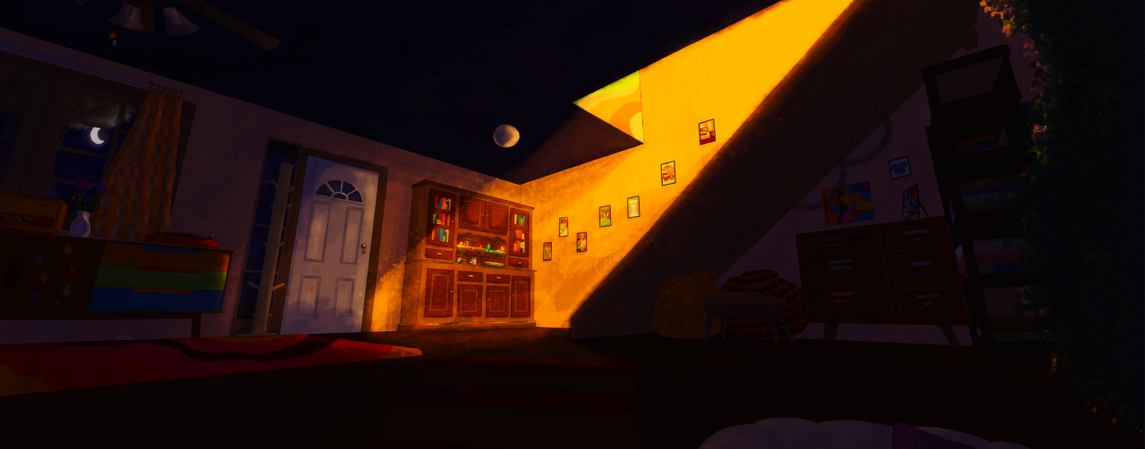 The viewer is standing in a conversation pit in a colorful living room. The crescent moon is shining through the window, indicating how late it is. The only source of light is coming from upstairs.