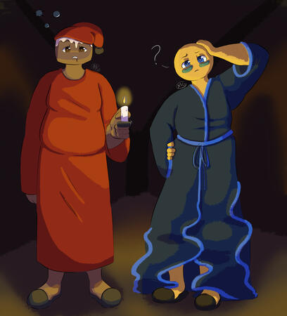 Dazed Investigation An anthropomorphic bread bun wearing a red nightgown, hat, and slippers holding a candle. The bun is very sleepy and dazed. Meanwhile, an anthropomorphic orange stands next to him, wearing a much more extravagant blue nightgown. He is looking at the viewer