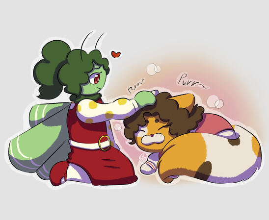 Purr Therapy An anthropomorphic green moth petting a curled up anthropomorphic calico cat.