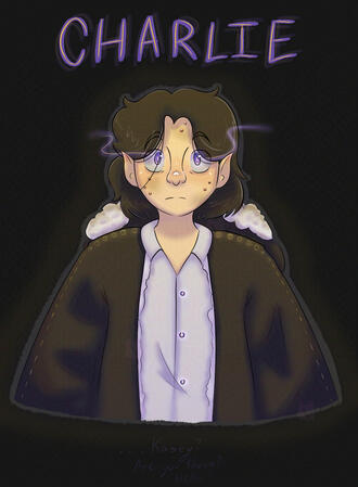 Charlie stands in the dark, paralyzed. He is looking up at something unseen by the viewer. It echoes out, "Charlie." A distant voice is heard, barely legible, calling out to Charlie by his last name. "...Kasey? Are you there? Hello?"